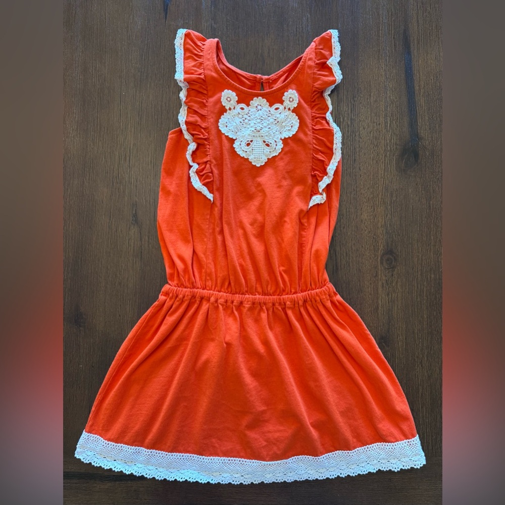 Jelly The Pug, Girls Orange White Lace Accents Sleeveless Dress - Size 7